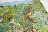 Vibrant monkey, flying bat, and grey animal within green jungle foliage of the painting.