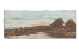 Antique landscape painting featuring a serene river, trees, and soft blue sky.