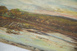 Aged surface of antique landscape painting, showing impasto texture and muted earth tones.