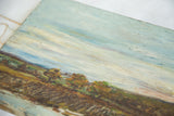 Textured blue sky and upper landscape detail of an antique painting.