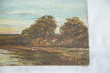 Small bridge over dark water with rich, textured landscape brushwork.