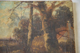 Textured tree trunks, orange-red fungi, and distant house in the antique landscape painting.