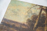 Antique miniature landscape painting detail: textured tree trunks, bare branches, crackled sky.
