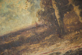 Detailed view of craquelure and textured brushstrokes on the antique landscape painting.
