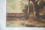 Antique miniature landscape painting's lower left corner, featuring S. MAY signature and aged patina.
