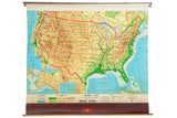 Vintage 1960s Cram's USA pull-down map, green and brown land, blue water, wood dowels.