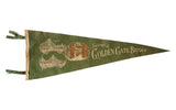 Vintage green felt flag pennant of Golden Gate Bridge with 1950s illustrations, 9x24 inches.
