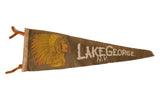 Vintage Lake George brown felt flag with gold chief graphic and white text, 9x24 inches.