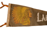 Yellow-orange chief graphic on brown vintage felt flag with white 
