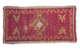 Antique Oushak rug, cinnabar red field, gold border, center medallion, distressed aesthetic, 1'8