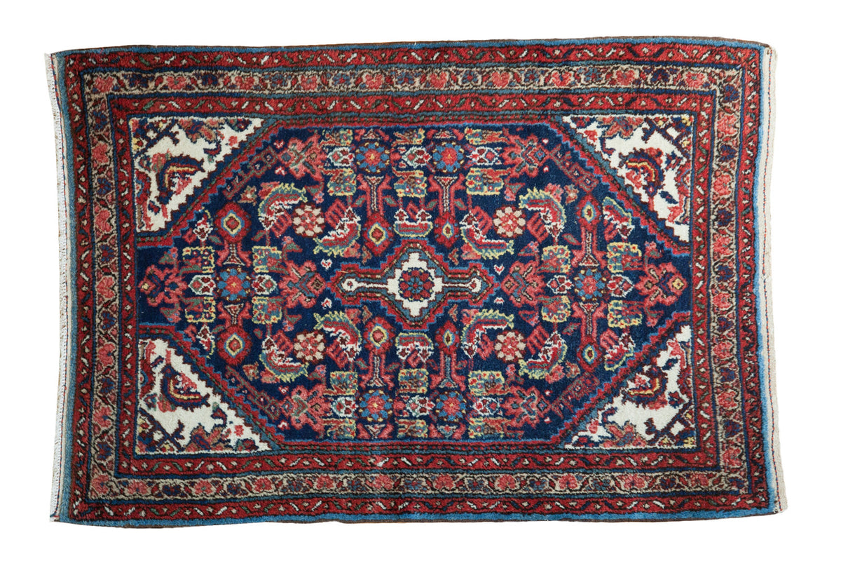 Fine hand-knotted Vintage Tajabad rug, rich indigo field, diamond medallion, Herati motif, 2'9" x 4'.