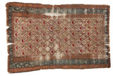 Heavily distressed antique Caucasian Marsali rug with a repeating lattice design and rare light blue border.
