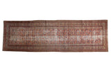 Distressed vintage Persian Mir Serbend runner, Guli Hannai motif, muted red and blue colors.