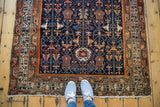 Cream fringe and multi-banded border of an antique Malayer rug with geometric motifs.