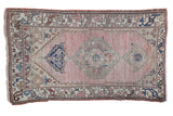 Vintage hand knotted Oushak rug, faded blush field, central medallion, blue and red patterns, 3'2