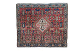 Antique Malayer rug mat with pictorial animal medallion, faded brick red and indigo, 1'11