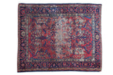 Distressed Vintage Persian Lilihan rug, cherry red field, faded medallion, navy borders, 5'4