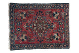 Vintage Lilihan rug mat, expressive floral medallion, cherry red field, navy border, 2' x 2'8