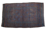 Antique Belouch hand-knotted rug, indigo and bronze gul motifs, plant and wave borders. 4'6