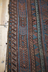 Detail of secured overcast side with reciprocating wave and geometric patterns in indigo and bronze.