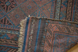 Antique Belouch rug corner, showing secured overcast edge, fringe, and striped back weave.