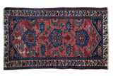 Antique Persian Dargezine rug, distressed cranberry red and cobalt blue sharp-edged floral design. 2'6