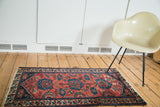 Antique Persian Dargezine rug, distressed cranberry red and cobalt blue floral design, 2'6