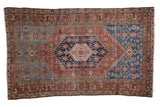 Antique Malayer rug, distressed terracotta and blue medallion, circa 1910's, 3'7