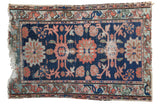 Antique Lilihan rug, distressed navy blue field with salmon, celadon floral-crab motifs, 2'4