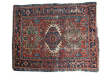 Distressed Antique Karaja Persian rug, geometric triple medallion, brick red, navy, teal, celadon, ivory, 3'6