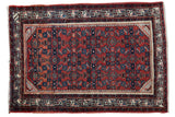 Vintage Engelas hand-knotted rug with soft cherry red field, azure blue, and lavender border, 3'6