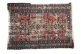 Distressed antique Lilihan Persian rug, faded cranberry, celadon green, blue geometric design, 2'7