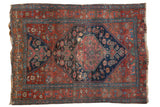 Antique Halvaie Bijar rug, distressed crimson field, navy blue geometric medallion, 4'7