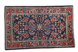 Vintage Borchalou rug, navy blue ground, serrated leaf pattern, bright brick red border. 2'8
