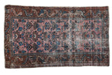 Distressed antique Persian Lilihan rug, faded raspberry field, blue botanical motifs, 3'2