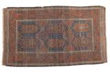 Antique Distressed Belouch rug, cobalt blue, crimson red, ivory geometric design, 2'11