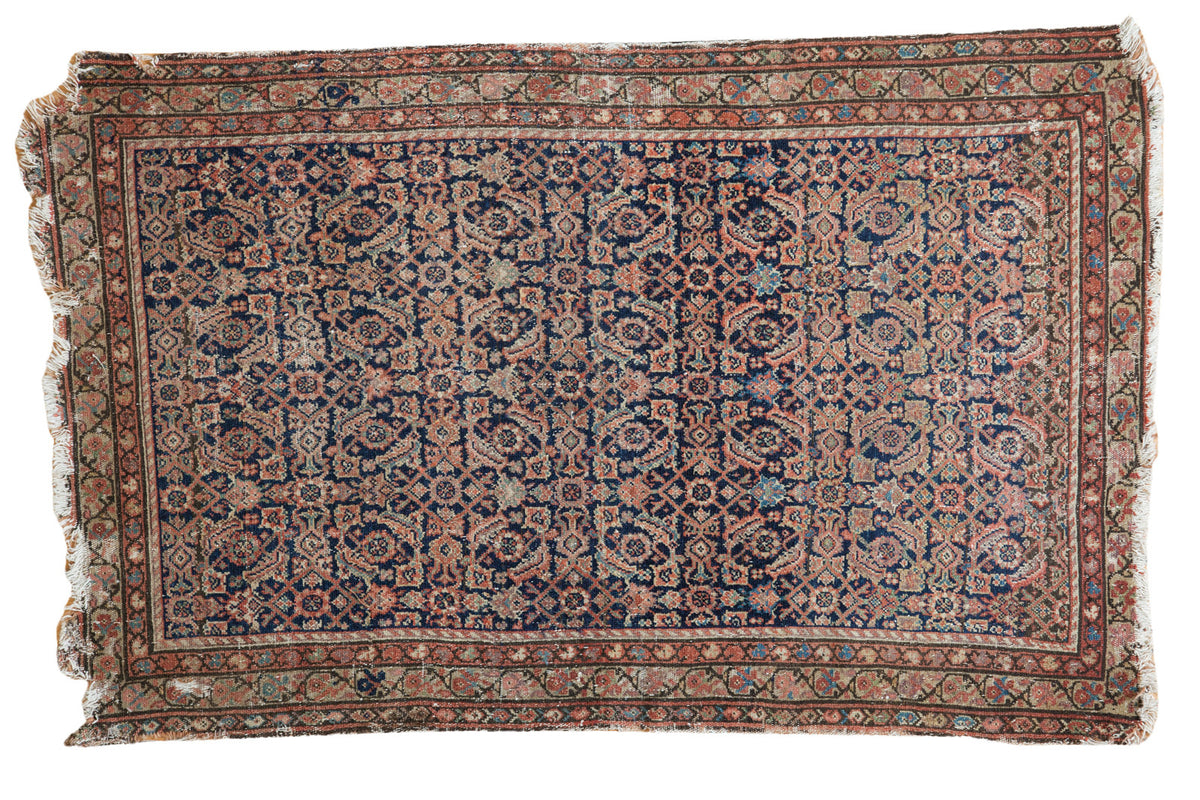 Distressed antique Malayer rug, allover indigo herati motif, faded terra cotta, soft sage accents, 3'8" x 5'9".