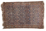 Distressed antique Malayer rug, allover indigo herati motif, faded terra cotta, soft sage accents, 3'8
