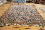 Distressed Antique Malayer rug texture with faded indigo herati design and terracotta border.