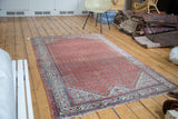 Distressed Antique Mir Serbend rug, showing faded terra cotta, repeating boteh, and arctic blue.
