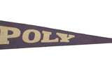 Detail of antique Poly felt banner, sewn yellowish-beige letters on dark purplish-blue.