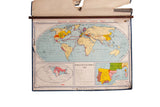 Vintage 1967 Denoyer Geppert World Map, faded blue and yellow, with walnut rod.