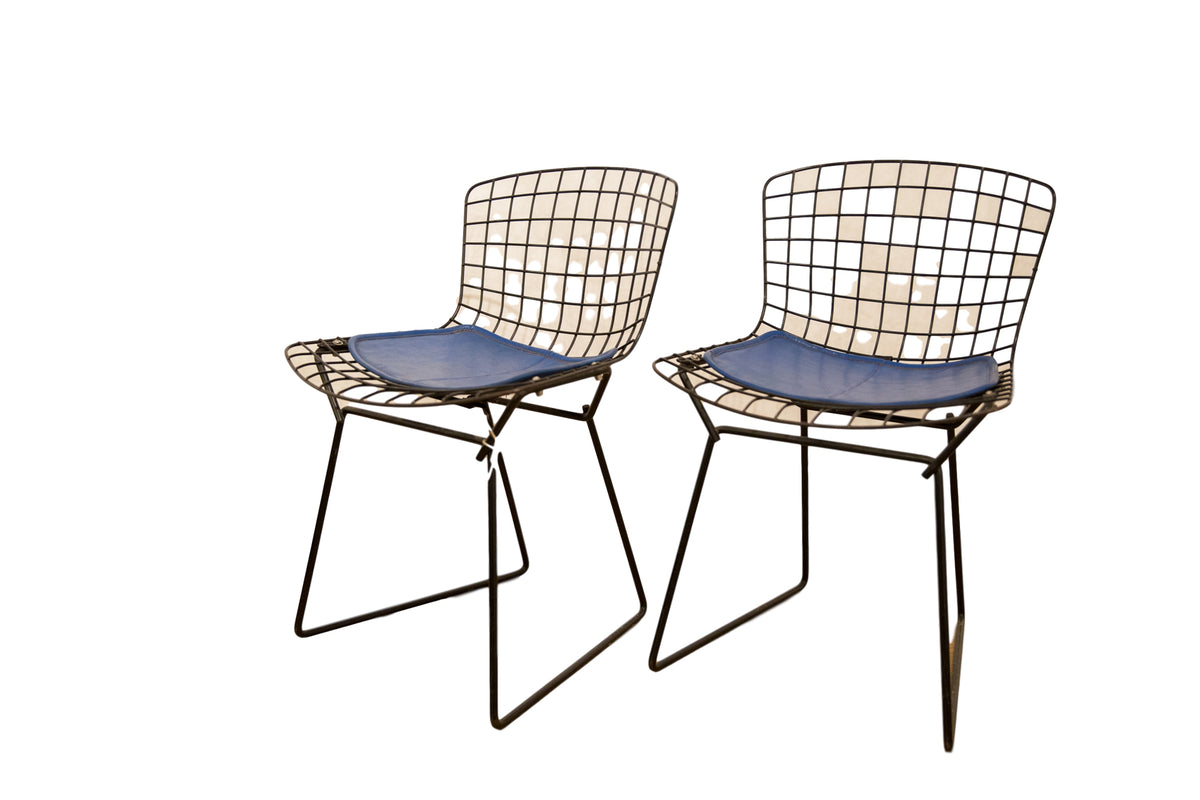 Vintage 1960s Harry Bertoia children's chairs, black wire grid, unusual blue seat pads.