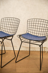 Mid-century black wire grid Bertoia child chair with an unusual blue seat pad.