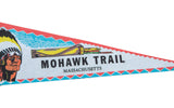Vintage Mohawk Trail Massachusetts felt pennant design with Native American chief graphic.