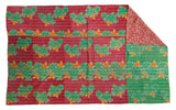Vibrant double-sided vintage Indian Kantha quilt, hand-stitched with pink, green, yellow florals.