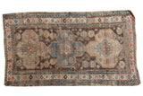 Distressed antique Caucasian rug with geometric sky blue, brown, pink motifs. 3'6