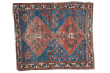 Distressed Antique Persian square rug with double medallions, teal blue and terra cotta field, 3'3
