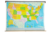 Vintage Modern School USA pull-down map showing colorful states and blue oceans, 61x46.