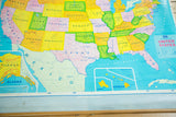 Vintage USA school map, highlighting pastel states, Gulf of Mexico, and Hawaiian Islands.